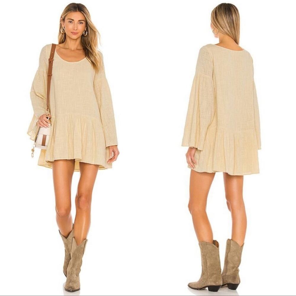 FREE PEOPLE KELEIGH Yellow Bell Sleeve Scoop Neck Woven Sack Dress Women’s Large